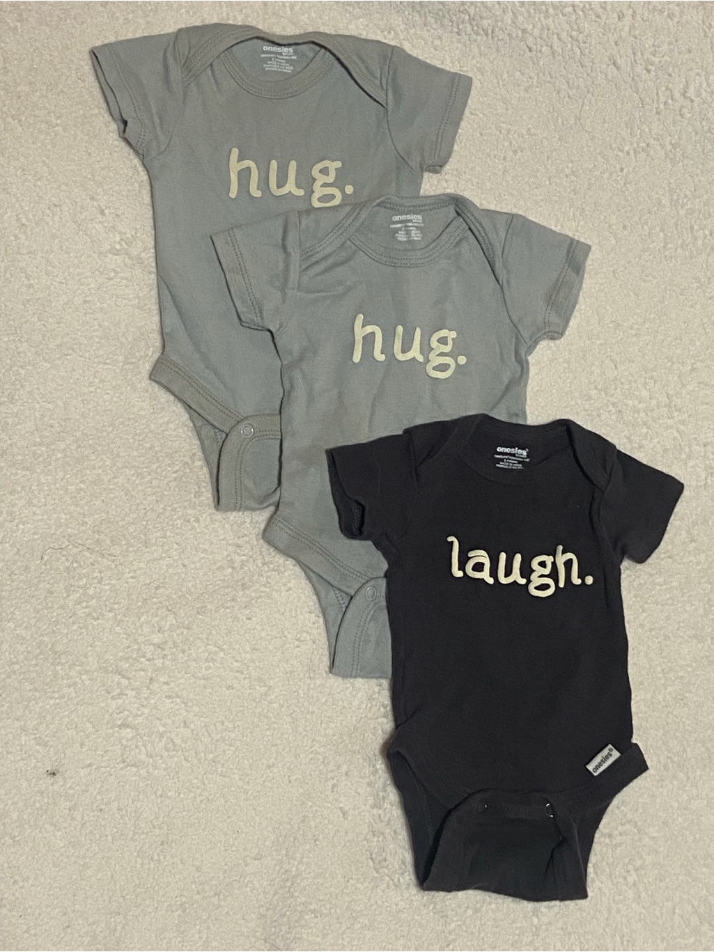 Gerber Onesies Baby Bodysuit Set Of Three - "Hug./Laugh."